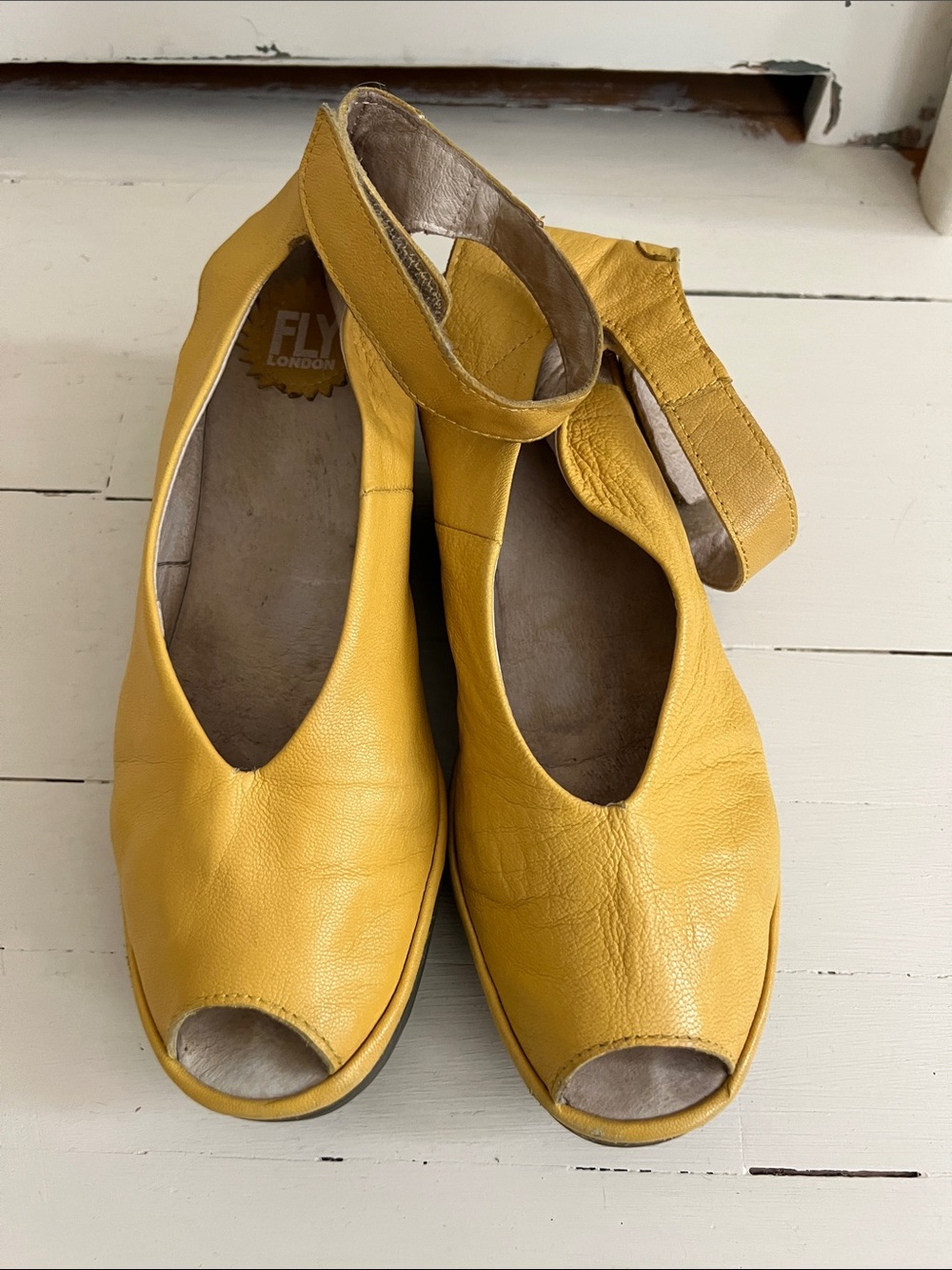 Fly London Yellow Leather Peep-Toe Sandals with Ankle Strap